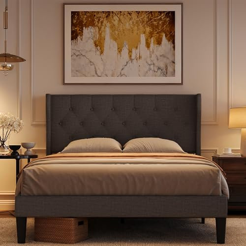 Xbro Bettrahmen 140 x 200 cm mit Kopfteil und Lattenrost, Doppelbett, Einzelbett, Leicht zu Montieren und Stabil, 20 cm Stauraum, Dunkelgrau