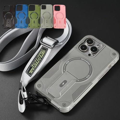 Outdoor Sports Long Strap Crossbody Magnetic Bracket Case for iPhone, Drop-Proof Magnetic Dual Layer Armor Case with Ring Kickstand for iPhone 16 Series (for iPhone 16,Gray)