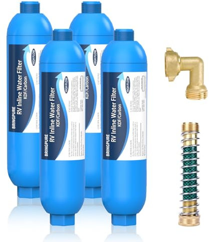 4 Packungen Wohnmobil-Inline-/Marine-Wasserfilter mit flexiblem Schlauchschutz, NSF-zertifiziert, speziell für Gartenarbeit, Wohnmobile, Anhänger, kompatibel mit 40043 KDF Filter