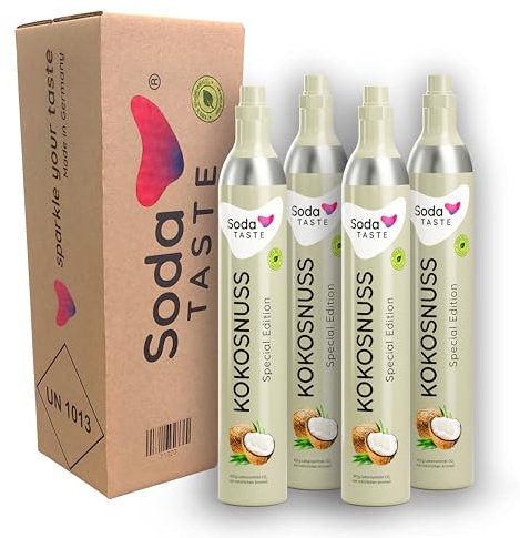 SodaTASTE CO2-Zylinder tauschen 4er-Pack (Refill) für Wassersprudler, mit natürlichem Kokos-Aroma, ohne Sirup, für bis zu 240l Sprudelwasser mit Geschmack, zuckerfrei (ACHTUNG: 4 leere Zylinder nötig)