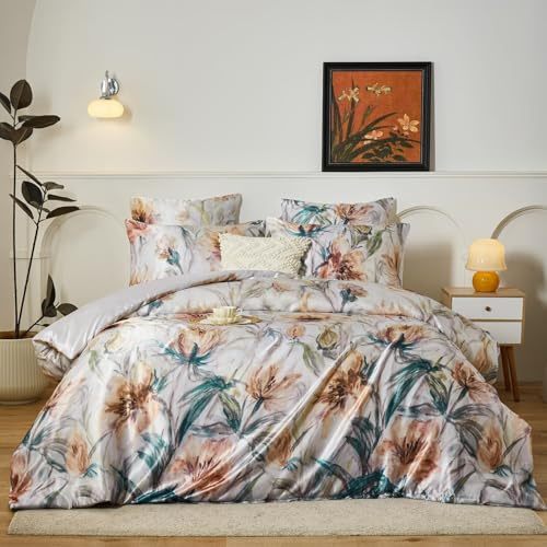 Luowei Satin Seide Bettwäsche 135x200 cm Bunt Nostalgischer Stil Bettwäsche 2teilig Blätter Blumen Muster Bettbezug Romantischer Luxus mit Reissverschluss und Kissenbezüge 80 x 80 cm