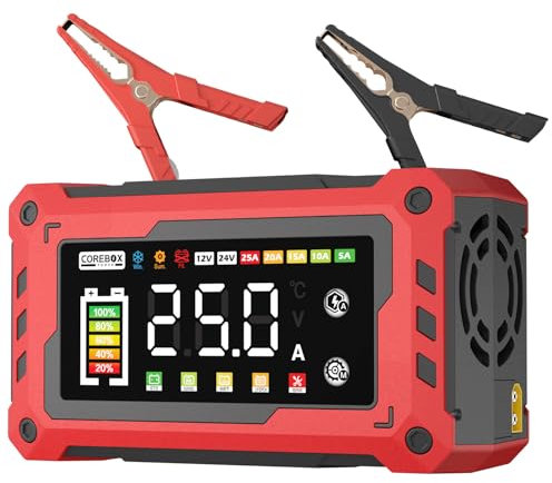 COREBOX Battery Charger 0-25Amp,12V/24V, Automatic Smart Car Battery Charger, Trickle Charger, Battery Maintainer, Desulfator with Temperature Compensation, for Cars Truck Motorcycle Lawn Mower Boat