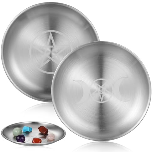 MAGICLULU Ritual Plate Dish 2 pcs Pentagram Moon Dish Metal Offering Plate Prayer Astrology Tray for Jewellery Crystals Tarot Home Office Decor 5.59in Round Flat Bowl