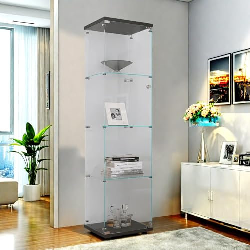 SHAODENG Vitrine aus Glas, Schrank für Sammlung, Modern Holz Glasvitrine mit 1 Tür,4 Einlegeböden, Vitrine aus Glas für Sammlerstücke Bücher Wein, Büro Wohnzimmer Küche, 164 x 42.5 x 36.5cm