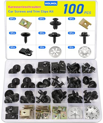 HOLMOL Car Screws and Trim Clips Kit 100PCS, 8 Types Automotive Fasteners for Car Repair, Includes Heat Shield Clips, U Clips, Car Bolts, Screws, and Retainers, Compatible with Most Vehicle Models