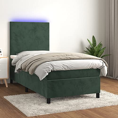 SKTQYQO Boxspringbett Mit Matratze Und Dunkel Grüner LED Multifunktionales Bett Hotel Bettrahmen Geeignet Für Hotel Und Studien 90x190Cm Samt