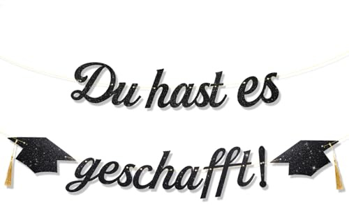 COMOOKA Du hast es geschafft Girlande Abitur, Bachelor & Master Abschluss | Graduation Deko Schwarz, Banner mit Absolventenhut Motiv, Abitur 2026 Geschenke, Prüfung Bestanden Deko für Abschlussfeiern