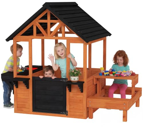 AIYAPLAY Casita Infantil Exterior de Madera con Mesa de Picnic y Bancos