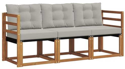 XHNIFBN Ensemble de canapé d'extérieur modulable en bois d'acacia avec coussins, pour terrasse et balcon, surface laquée, 185,5 x 63 x 73 cm, naturel et gris clair