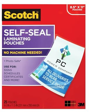 Scotch Selbstklebende Laminierfolien, kein Laminiergerät erforderlich, Briefgröße 22,9 x 29,2 cm, 25 Stück