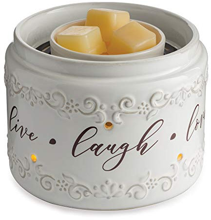 Candle Warmers Etc. Illuminaire Live, Laugh, Love Fan Fragrance Warmer- Whisper Quiet Fan Circulates Scent From Scented Candle Wax Melts And Tarts For Full Room Freshener, White with Brown