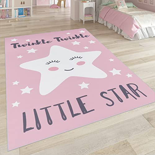 Paco Home Kinderteppich, Kinderzimmer Teppich m. Stern, Mond u. Karo Motiven, Grösse:80x150 cm, Farbe:Pink 3