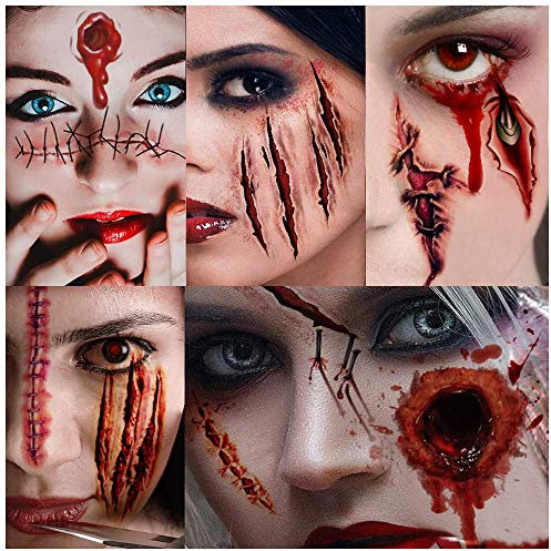 HUHUDAY Temporäre Halloween Tattoos, Narben, 150 Stück Wasserdicht, Zombie Scars Aufkleber Mit Gefälschten Scab Blut Spezial Fx Kostüm Makeup Stützen