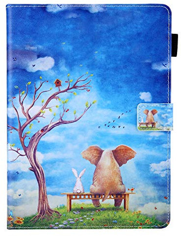 Funda para New iPad 7th Generation 10.2 2019 Tableta, Bspring Protector de Smart Case para iPad 10.2-Inch Retina Display y Auto Estela/Sueño,Elefante & Conejo