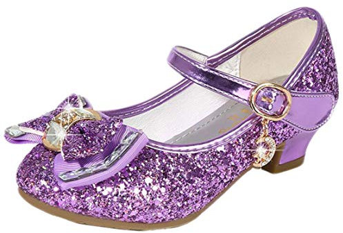 mama stadt Prinzessin Schuhe Mädchen Glitzer Schuhe Kinder Stöckelschuhe Mädchen Pailletten Prinzessin Cosplay Schuhe Partys Hochzeiten Klett Sandalen Elegante Mädchen Schuhe mit Absatz, Lila/ 29