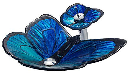 HomeLava Modern Gehärtetes Glas Waschbecken Kreative Aufsatzwaschbecken Handwaschbecken Set Schmetterling Form mit Wasserfall Wasserhahn
