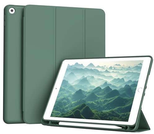 ZOYU Case for iPad 9th/8th/7th Generation with Pencil Holder, Slim Stand Smart Case with Soft TPU Back Cover, Auto Sleep/Wake for iPad 10.2 Inch 2021/2020/2019, Dark Green
