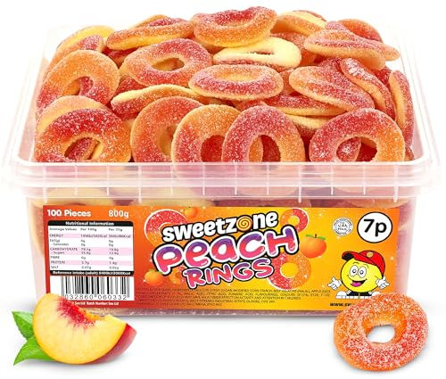 Sweetzone Sour Sweets Fizzy Peach Rings 800 g, 100 Pcs Sweet Box, Peach Rings, Sour Candy, Gummy Candy, Jelly Sweets, Bulk Sweets, Fizzy Sweets, Tubs of Sweets for Retro Sweets for Your Sweet Tooth
