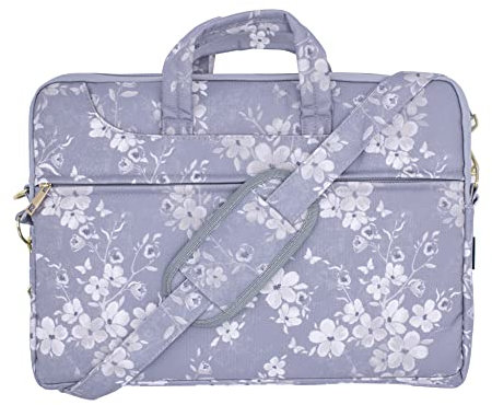 TaylorHe 15.6 inch 15 inch 16 inch Poly Canvas Laptop Shoulder Bag with Patterns, Side Pockets Handles and Detachable Strap Elegant Grey Flowers
