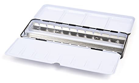 Aquarell-Leerkasten aus Metall für 24 halbe oder 12 ganze Näpfe, mit Mischpalette und Daumenring, Bunt