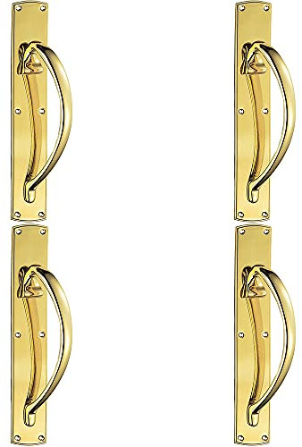 4 PACK | Right Handed Curved Door Pull Handle - 457 x 75mm Backplate - Polished Brass | Traditional Pull Handle - Suitable for Lightweight Internal Doors - Ornate Design Cabinet Handle