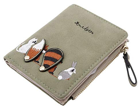SANWOOD Adorable mini porte-monnaie pour femme, motif renard, lapin brodé, fermeture éclair, portefeuille court pliable pour femme, vert