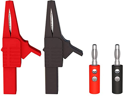 Greluma 2 Pz Clip a coccodrillo per impieghi gravosi Clip a coccodrillo sicure completamente isolate con presa jack a banana da 4 mm + 2 spine a banana da 4 mm