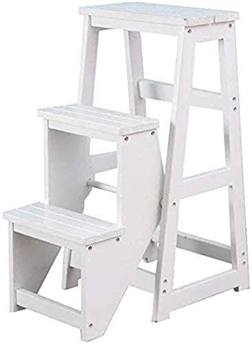 FALIYORS Portable Step Stool Stool Creative Solid Wood Bookcase Stool Ladder Multifunctional Folding Design Stool Stool Dining Kitchen Shoes Folding Folding Chair with 3 Steps - White