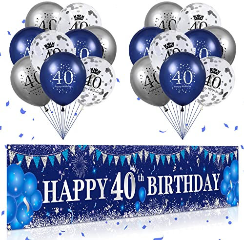 Blue 40th Birthday Decorations for Men Women, Navy Blue Silver Happy 40th Birthday Banner Backdrop, Blue 40th Birthday Balloons for 40th Birthday Anniversary Party Decorations Supplies