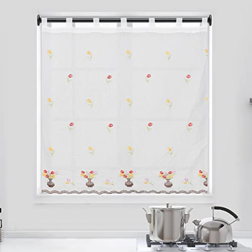 Dalina Textil - Cortina de Cocina Translúcido con Bordado, Cortina Media Altura para Cocina, Comedor, Marco de Puerta Tejido Gasa Fina(1 Pieza 140 x 220 cm, Flores)