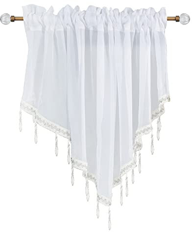 Yitexin Beaded Sheer Windows Valance 130 cm W x 60 cm L, Scalloped Kitchen Curtain, Bathroom Swag Sheer with Rod Pocket, Short Valance Drape for Bedroom Living Room (White)
