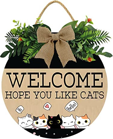 KPSheng Welcome We Hope You Like Cats Sign, Funny Welcome Front Door Cat Pet Sign, 12inch Farmhouse Adorable Cartoon Cat Door Decoration, Cat Welcome People Tolerated Sign Hanging for Cat Lover Owner