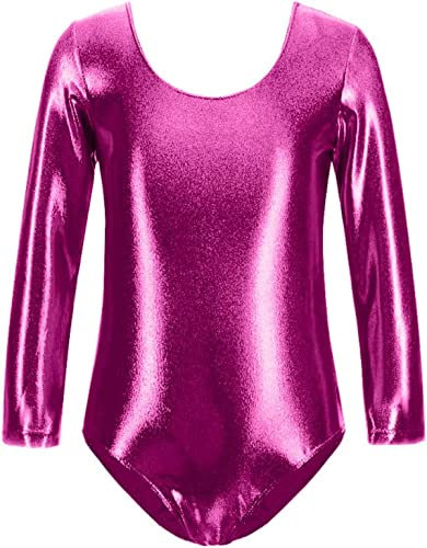 FUREINSTORE Maillot de Danza Ballet Gimnasia Leotardo Body Clásico Brillante Elástico para Niñas de Manga Larga Cuello Redondo para Bailarina (12 Años, Fucsia)