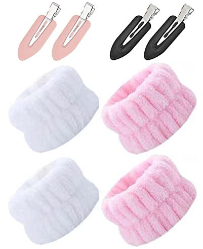 Yoezuo 4 Stück Handgelenk Waschband, Gesicht Wasch Armbänder Korallen Fleece Mikrofaser Saugfähige Armbänder Elastische Spa Gesichtswasch Schweißbänder für Waschen Gesicht, Dusche, Yoga (Rosa,Weiß)