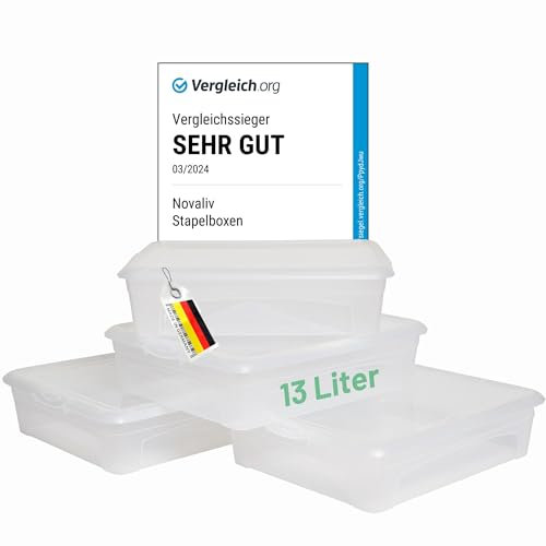 Novaliv 4x Aufbewahrungsboxen mit Deckel 13L transparente Boxen stapelbare Nestbar Storage boxes mit Clipverschluss Kunststoff BPA-frei 41x34x10 cm