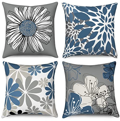 ASDCXZ Hellblau Kissenbezug 50x50 cm 4er Set, Nordeuropa Modern Blumen Blau Grau Sofa Dekokissen Kissenbezüge Kissenhülle Waschbar Polyester Leinen Textil Polster Kopfkissenbezug Kissen Bezug