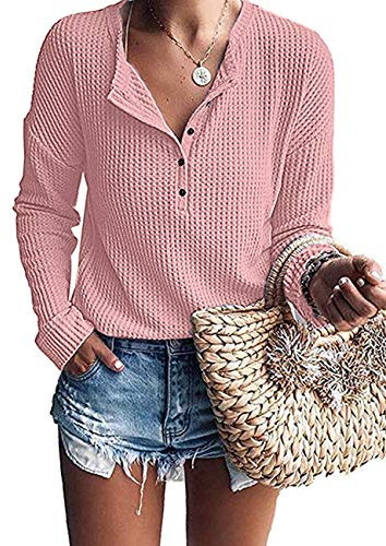 WNEEDU Pull Femme à Manches Longues en Tricot Gaufré Tunique T-Shirt Chemise Henley Décontracté Col V avec Boutons