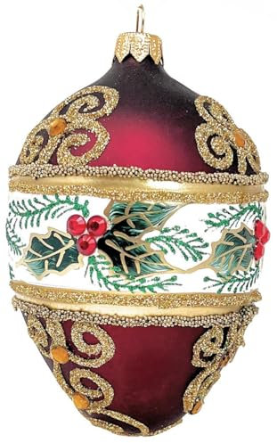 Polish Gallery Fabergé Egg Christbaumschmuck aus mundgeblasenem Glas, Mistelzweig, 12,7 cm, Burgunderrot matt