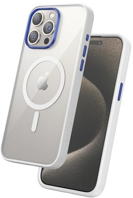 FLOLAB Surtect Tri-Fusion Magnetische Schutzhülle für iPhone 15 Pro, schlankes Design, Magsafe-kompatibel, militärischer Rahmen, transparent, blauer Saphir