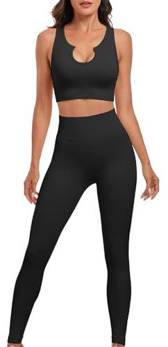 Aerides Trainingsanzug Damen Set Gepolstert 2 Teilig Nahtlose Jogginganzug Zweiteiler Ärmellos Sportanzug Freizeitanzug Yoga Outfit Sport Fitness Gym(Schwarz, L)
