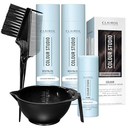 Clairol Professional Colour Studio Permanent Colour Cream Hair Dye | Long-lasting Rich Tones | 100% Grey Coverage | Hair Colouring Kit | 3-step Routine with Accessories | 3/0 Chocolate Brown