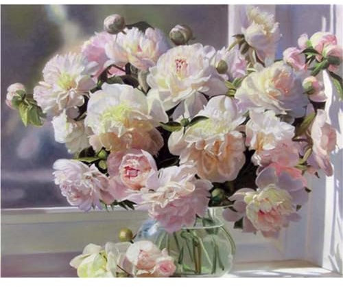 Diamond Art Kit for Adults,5D White Peony Flowers Diamond Painting Kits DIY Crystal Rhinestone Embroidery Cross Stitch Full Drill Art Craft Painting Picture Home Wall Decor Gifts Square Drill,80x100cm