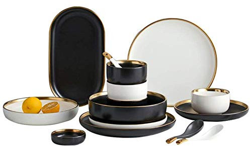 Ensemble de vaisselle élégant, assiettes et bols, service de table 22 pièces, service pour 4 personnes, porcelaine noire et blanche avec bords dorés, style élégant et nordique, cadeau de mariage