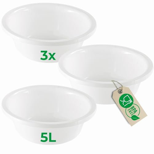 Novaliv 3x Spülschüssel Rund 5L, D32 cm, Weiß, BPA-frei Spülmaschinenfest Ideal für Küche und Camping, Rundschüssel, Runde Plastikschüssel, Waschschüssel, Kunststoffschüssel, Plastic bowl