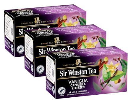 Sir Winston Tea, Tè Nero Vaniglia Cannella e Zenzero, 60 Filtri (3 Confezioni da 20 Filtri), Gusto Dolce e Speziato, Certificato RFA, Senza Lattosio, Glutine e Allergeni, Vegan