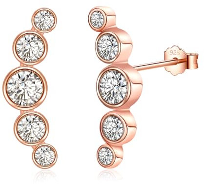 VYYU Rose Gold Stud Earrings for Women - Sterling Silver, Cubic Zirconia Curve Climber Hypoallergenic Earrings | Christmas Birthday Gift