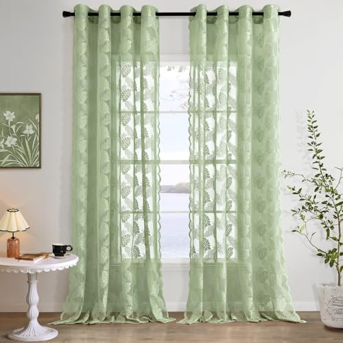 MIULEE Spitzenvorhänge mit Transparent Lichtdurchlässige Vorhänge Muster Gardinen mit Ösen 2er Set Voile Vintage Europäische Stil für Schlafzimmer und Wohnzimmer Vorhang, 2X H260 x B150 cm, Grün