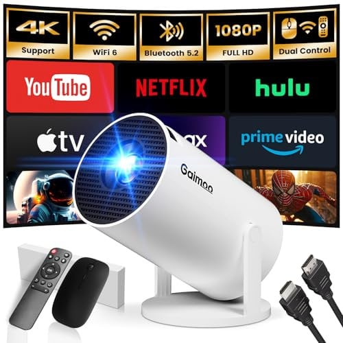 [2025 Modelo & App integrada] Proyector Portátil Soporte 4K 1080P Mini Proyector Dual Control con Ratón Android TV WiFi 6 BT5.2 180° Rotation HDMI/TV Stick/USB/Laptop, con Cable HDMI y Ratón, Blanco