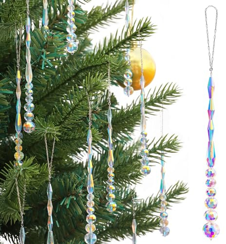 LUMITI 12pcs Crystal Icicle Christmas Tree Ornaments, Glass Beads Hanging Chandelier Pendants for Christmas Party Wedding Winter Decorations (Crystal AB)