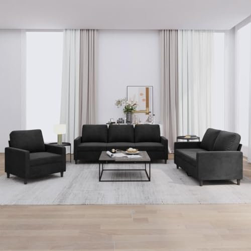 Homgoday 3-TLG. Sofagarnitur mit Kissen Wohnzimmersofa Sofa Couch mit Rückenlehne Loungesofa Polstersofa Gästesofa Couchgarnitur Modern Sitzmöbel für Wohnzimmer Büro Schlafzimmer Schwarz Samt